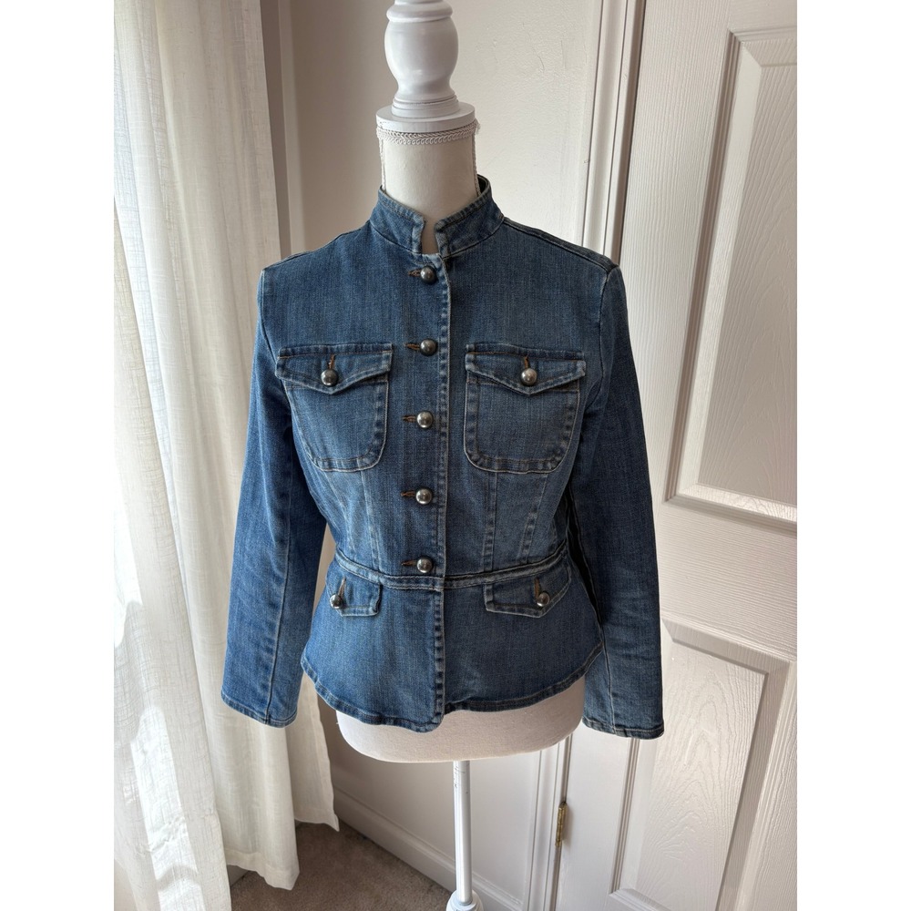 Denim Military Jacket Blue Stretch Button Front Size 4P VTG Talbots